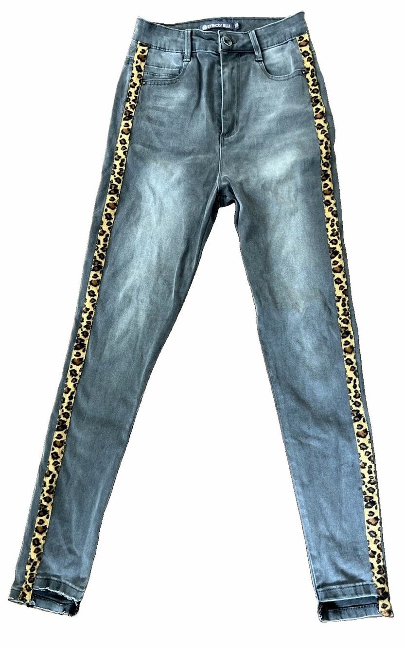 Women’s Y2K Jeans 24”x26” Rockstar Glam Leopard Print Side Raw Edge High Rise